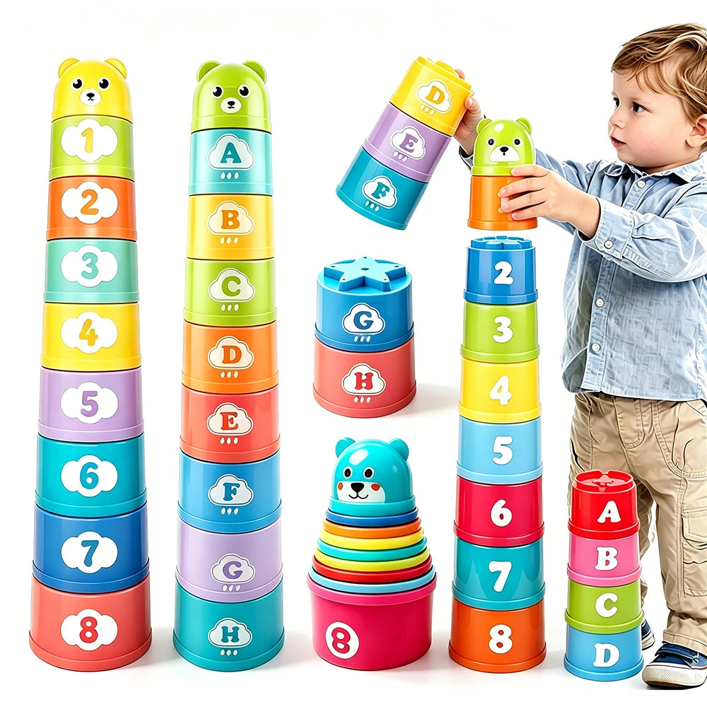 Kids Stacking Cups Rainbow Fold Cup Baby Early Education Puzzle Toy Color Sorting Training Hand Speed Competition Birthday Gifts