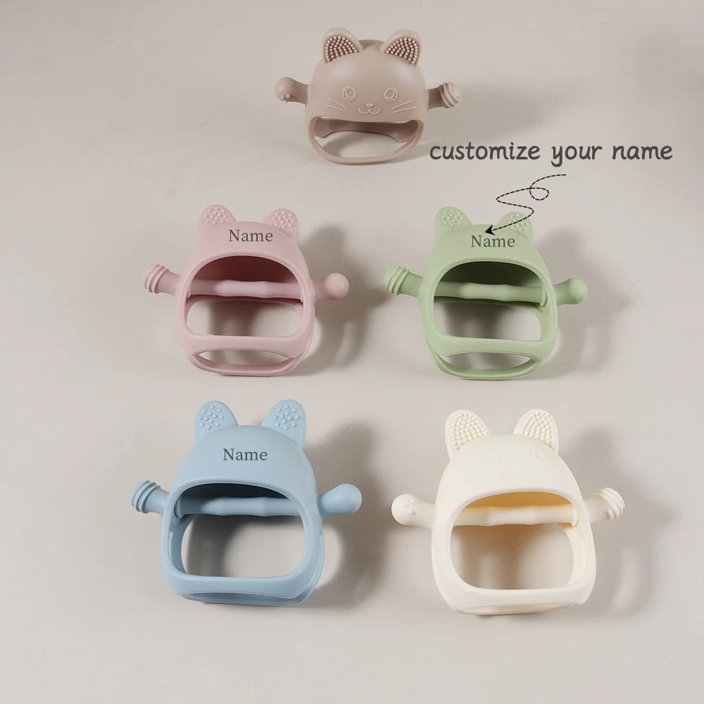 Personalized Baby Teether Custom Name Silicone Glove Cute Bunny Easter Rabbit Shaped Anti-Sucking Hand Guard