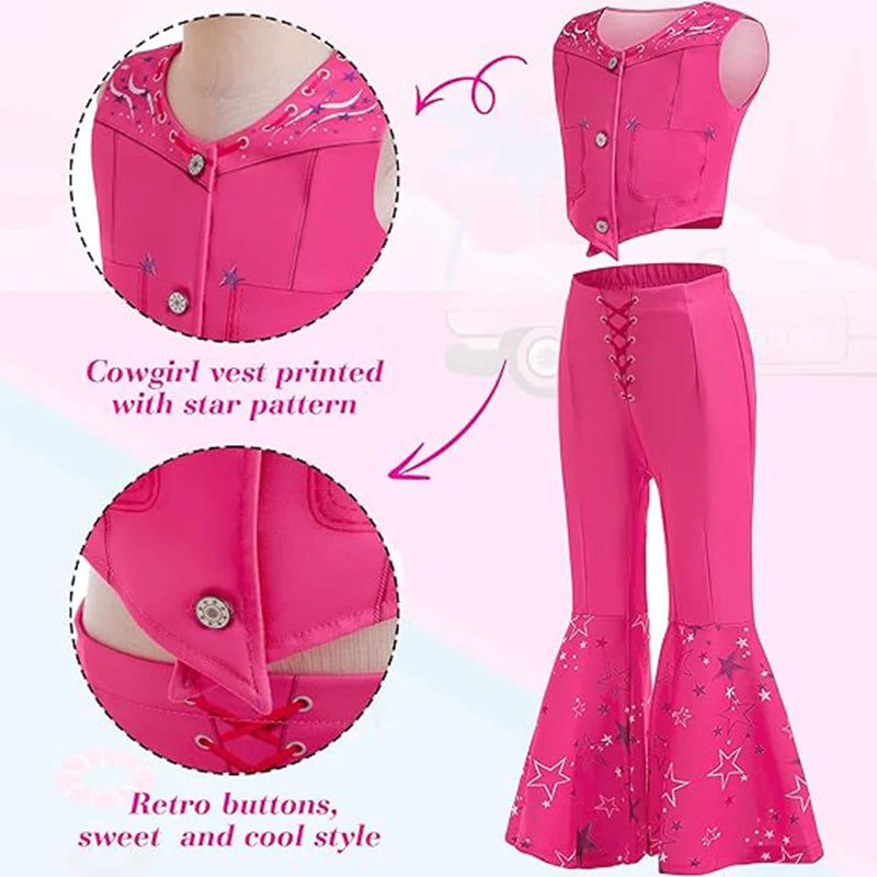 Cowgirl Pink Costume Set Girls Kids Disco Outfits Movie Heroine Dress Up For Children Halloween Cosplay Birthday Party Outfits