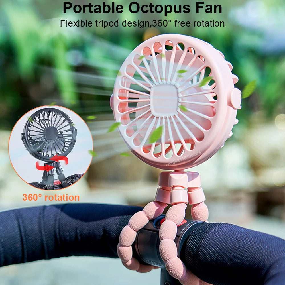 Baby Stroller Fan Portable Handheld 360° Rotate Flexible Adjustable Tripod Air Cooling Fan Rechargeable Baby Stroller Clip Fan