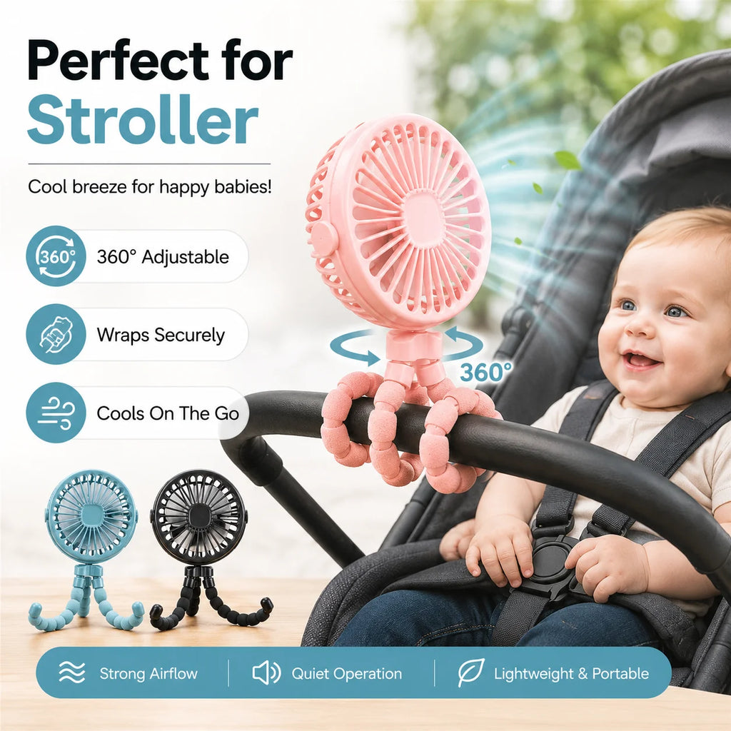 Portable Oscillating Pram Fan Mini Handheld Personal Car Seat Baby Fan with Flexible Tripod Clip-on USB Battery Operated