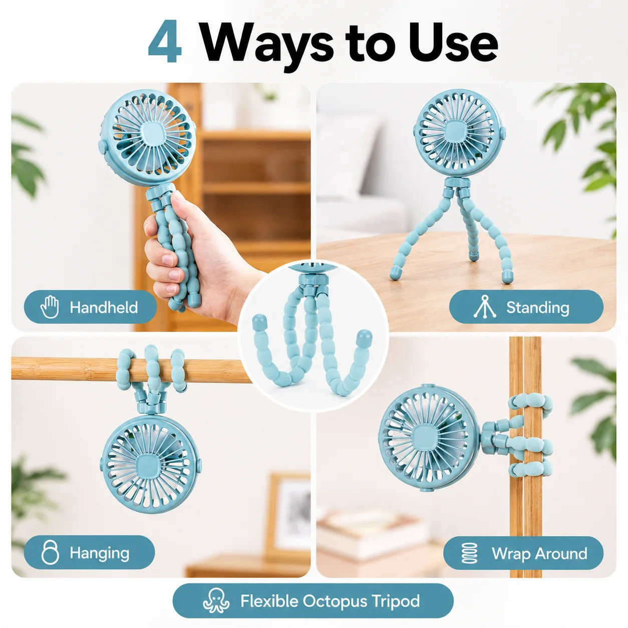 Portable Oscillating Pram Fan Mini Handheld Personal Car Seat Baby Fan with Flexible Tripod Clip-on USB Battery Operated