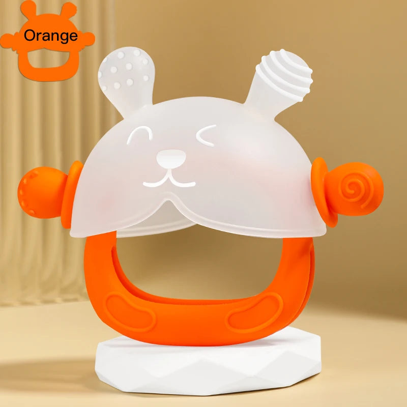 360° Hand Sucking Protection Teether - Cute Bunny Design with Full-Hand Grip, Hollow & Solid Biting Surfaces, Baby Toy