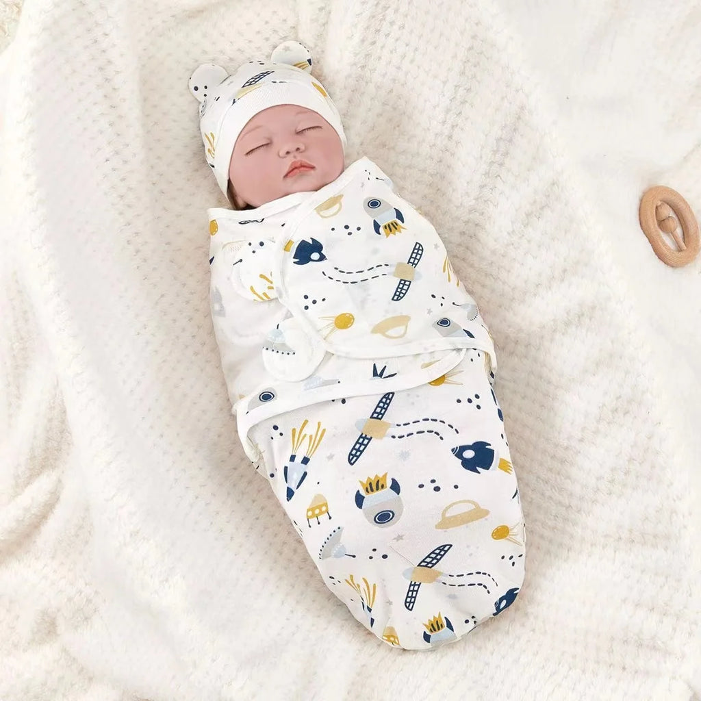 Baby Blanket Hat Set Cartoon Printed Cotton Newborn Swaddle Adjustable Infant Sleeping Swaddle Wraps All Seasons 0-6 Months