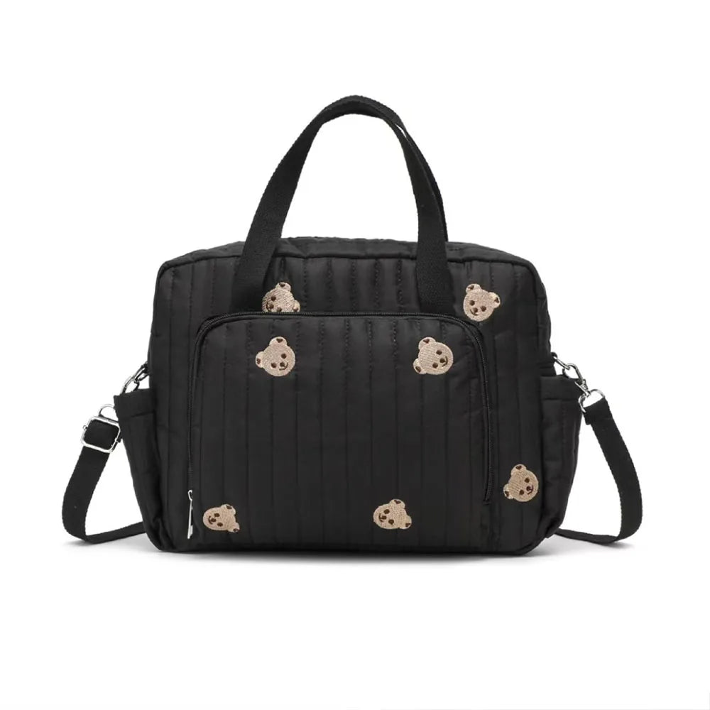 Nylon Crossbody Chic Bear & Tulip Embroidered Diaper Bag with Stroller Clip for Youngsters Travel Essentials