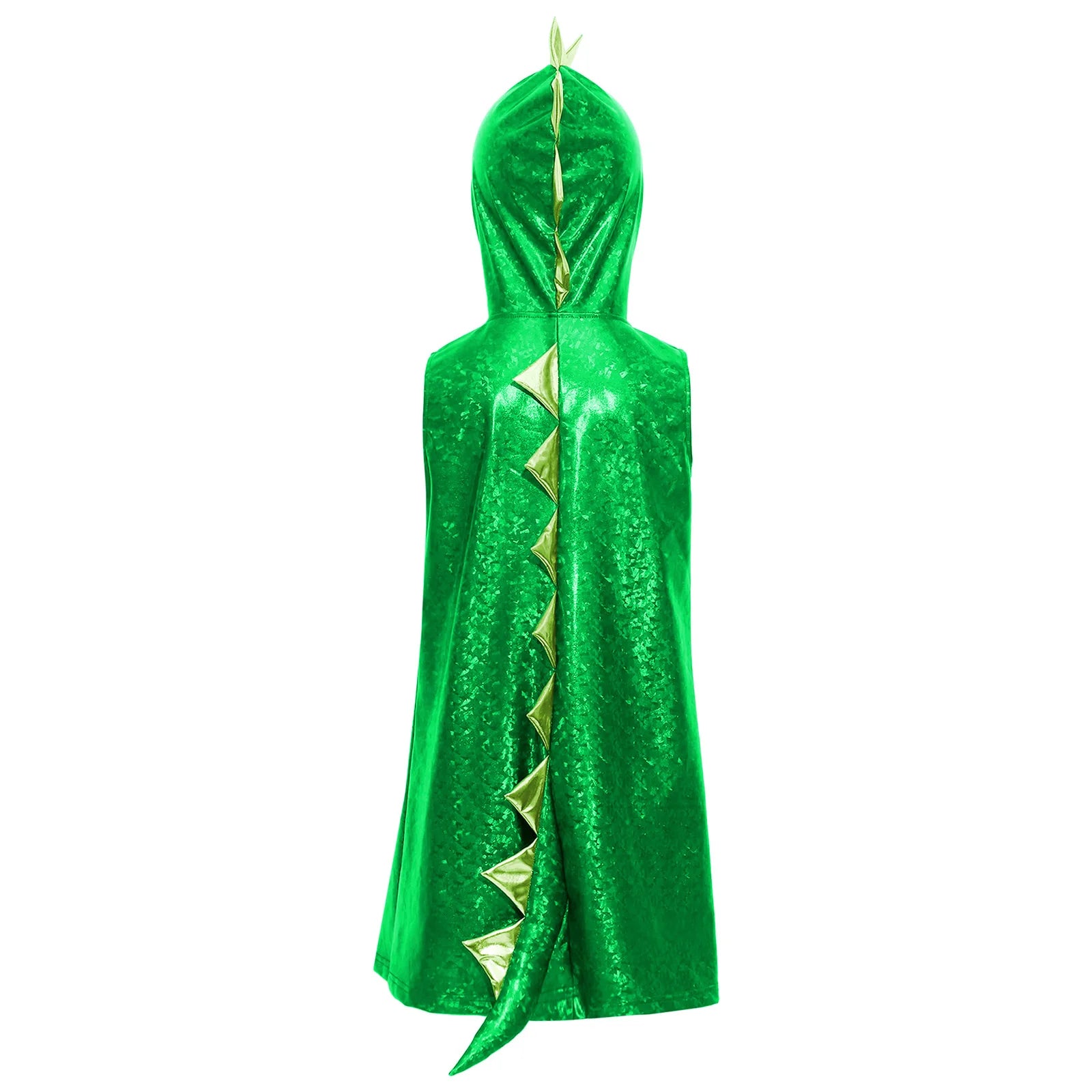 Girls Dinosaur Dress Metallic Gloss Cosplay Costumes Sleeveless Hooded 3D Tail Design Dress for Stage Performance Theme Party