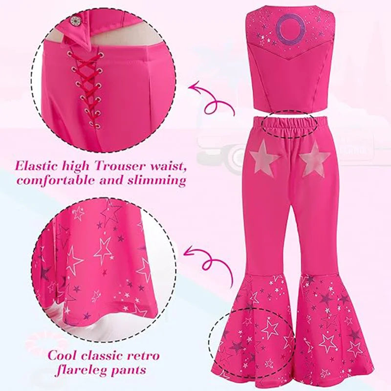 Cowgirl Pink Costume Set Girls Kids Disco Outfits Movie Heroine Dress Up For Children Halloween Cosplay Birthday Party Outfits