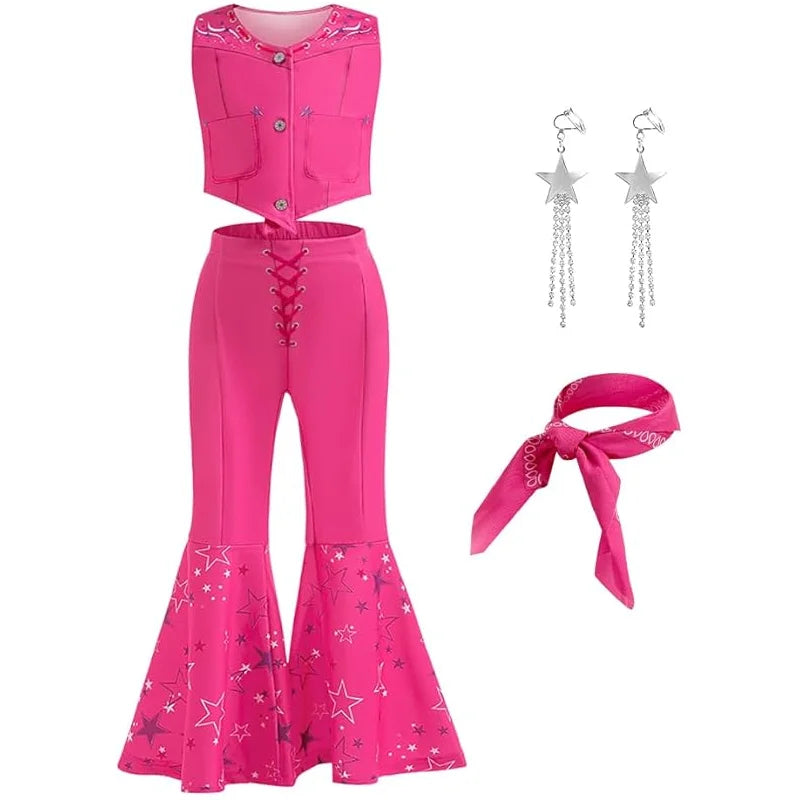 Cowgirl Pink Costume Set Girls Kids Disco Outfits Movie Heroine Dress Up For Children Halloween Cosplay Birthday Party Outfits