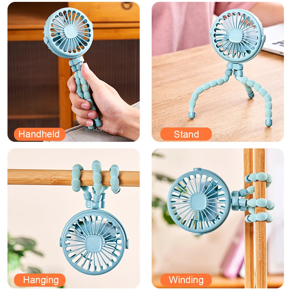 Baby Stroller Fan Portable Handheld 360° Rotate Flexible Adjustable Tripod Air Cooling Fan Rechargeable Baby Stroller Clip Fan