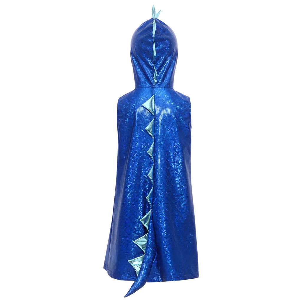 Girls Dinosaur Dress Metallic Gloss Cosplay Costumes Sleeveless Hooded 3D Tail Design Dress for Stage Performance Theme Party