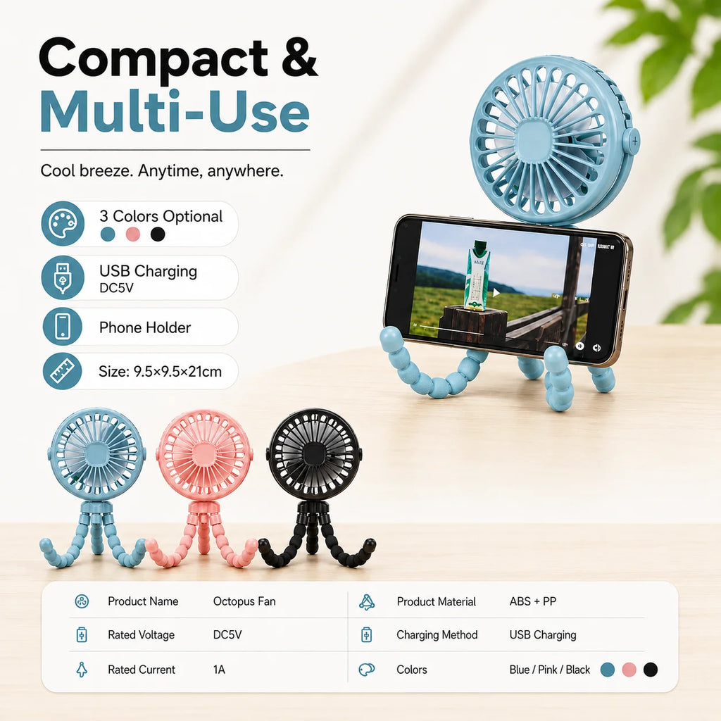 Portable Oscillating Pram Fan Mini Handheld Personal Car Seat Baby Fan with Flexible Tripod Clip-on USB Battery Operated