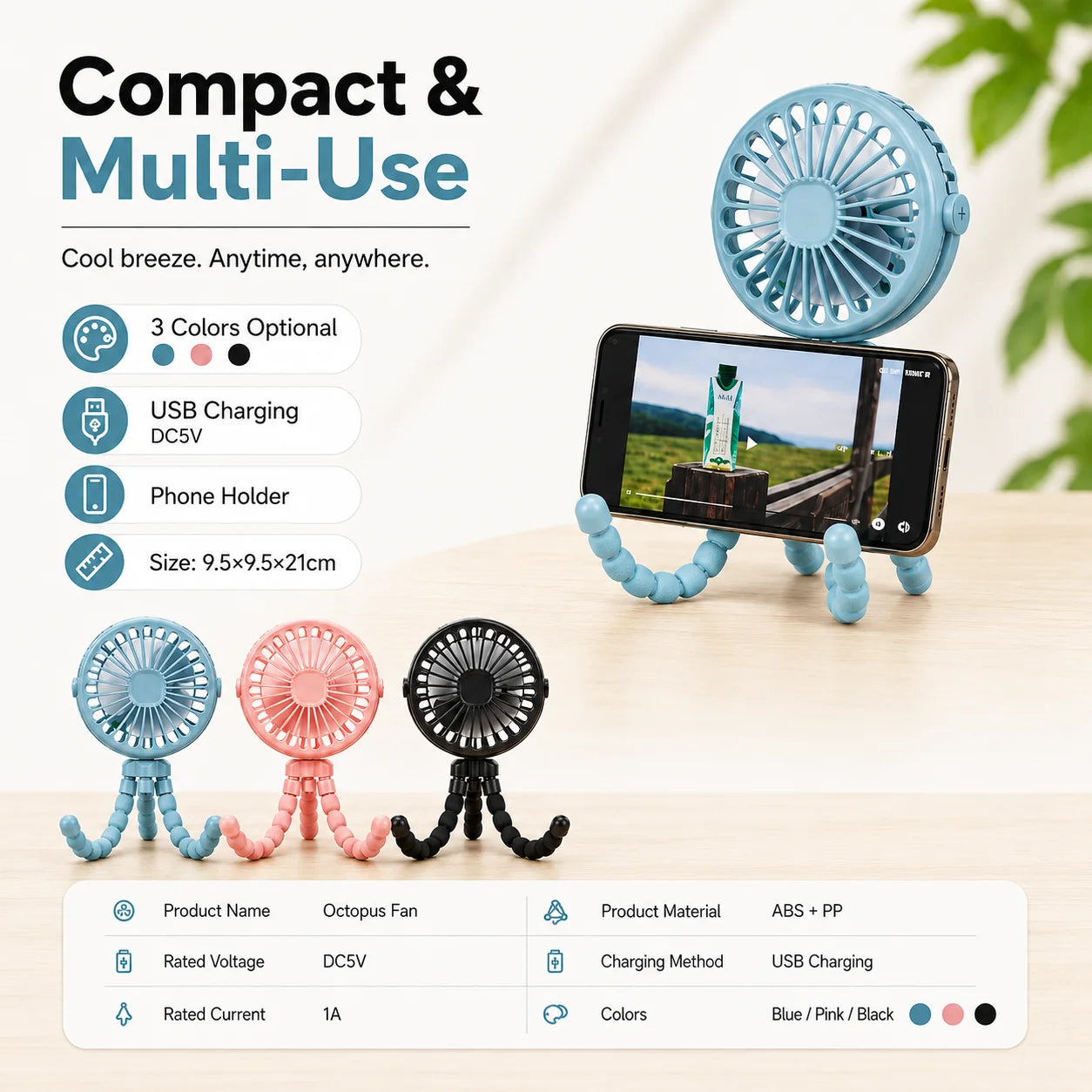 Portable Oscillating Pram Fan Mini Handheld Personal Car Seat Baby Fan with Flexible Tripod Clip-on USB Battery Operated