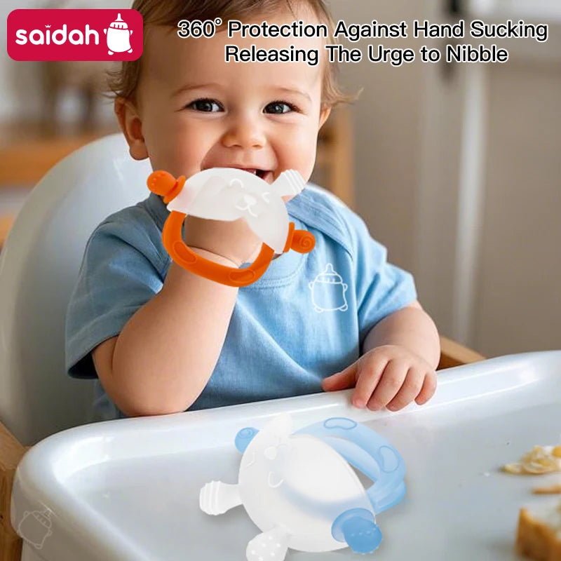 360° Hand Sucking Protection Teether - Cute Bunny Design with Full-Hand Grip, Hollow & Solid Biting Surfaces, Baby Toy