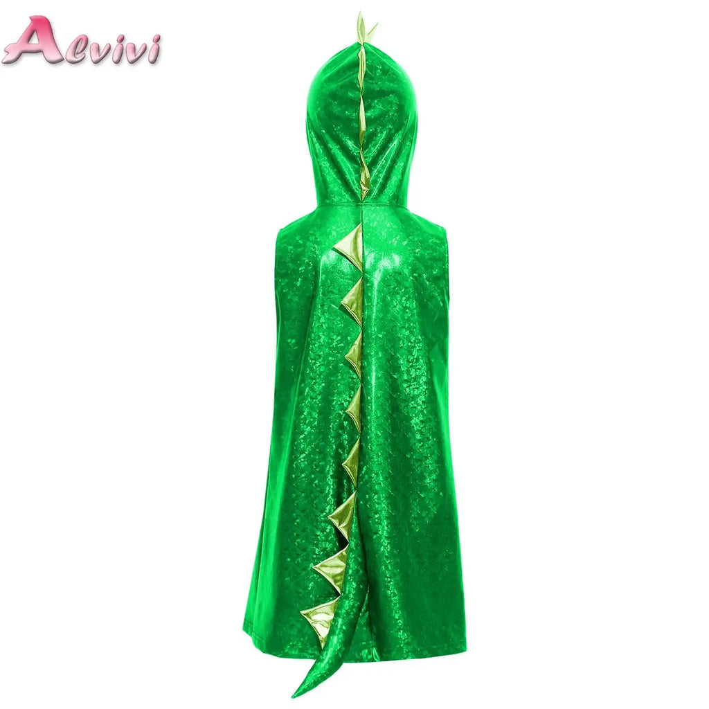 Girls Dinosaur Dress Metallic Gloss Cosplay Costumes Sleeveless Hooded 3D Tail Design Dress for Stage Performance Theme Party