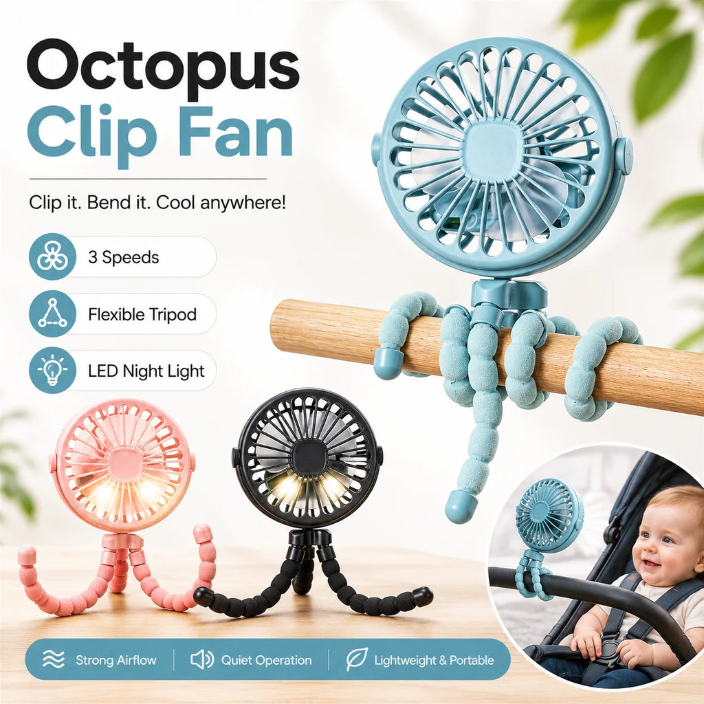 Portable Oscillating Pram Fan Mini Handheld Personal Car Seat Baby Fan with Flexible Tripod Clip-on USB Battery Operated