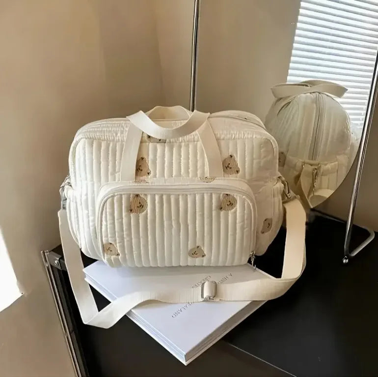 Nylon Crossbody Chic Bear & Tulip Embroidered Diaper Bag with Stroller Clip for Youngsters Travel Essentials